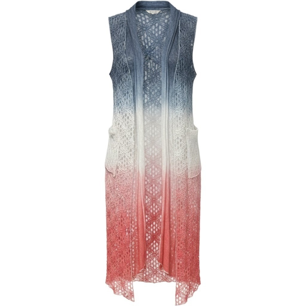 Dor Dor Couture Vest Women M Blue White Pink Ombre Crochet Lace Longline Duster